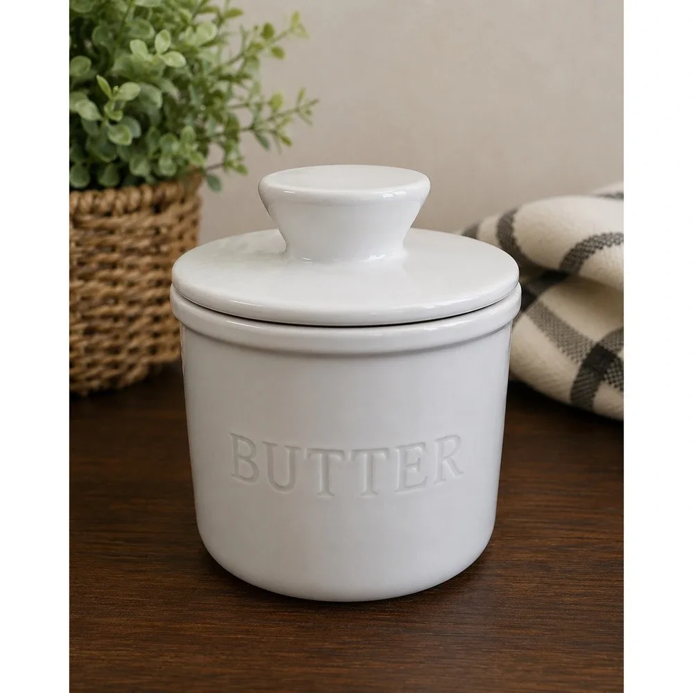 White Ceramic French Butter Bell Crock Farmhouse Embossed Butter Keeper